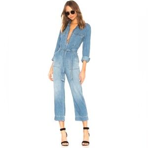 Free People Denim “Charlie” zip up Belted Coveralls Jumpsuit cropped women’s 6